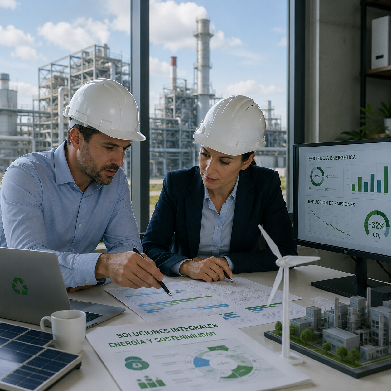 Equipo profesional analizando soluciones de energía y sostenibilidad