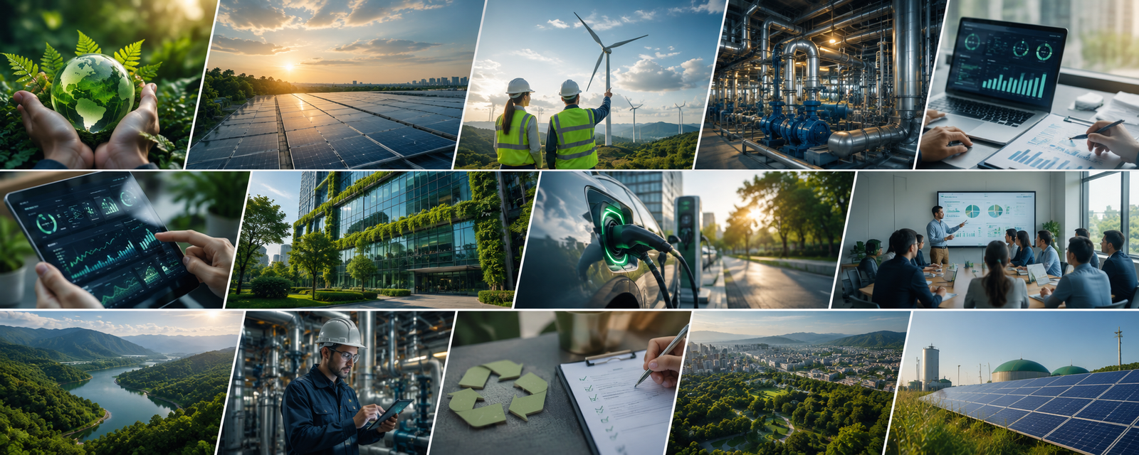 Ilustración de soluciones integrales de energía, ambiente y sostenibilidad